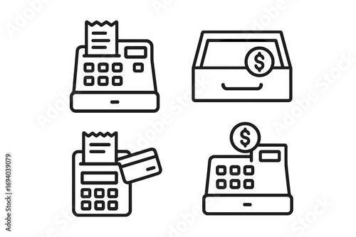 Cash register line icon set. Editable stroke vector. POS terminal, credit card payment, and money drawer pictogram collection. For retail, checkout, and online shopping design.