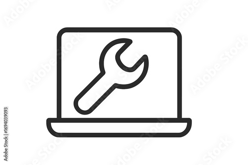 Laptop repair icon. Computer service. Wrench tool. Technical support concept. PC maintenance. Notebook diagnostic. Editable stroke. Line symbol for web and mobile app.