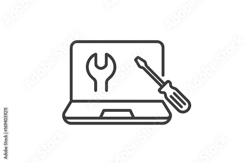 Laptop repair service outline icon. Computer maintenance, fixing and technical support concept. IT service symbol with wrench and screwdriver. Vector for web, apps, ui, ux.