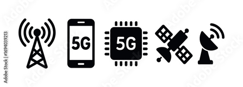 5g technology icons: antenna, smartphone, microchip, satellite, dish