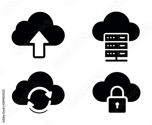 Cloud computing icons: upload, server hosting, synchronization, security lock