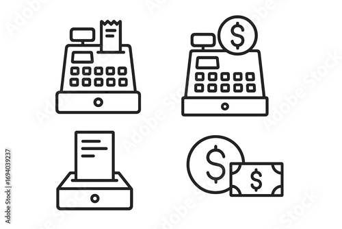 Cash register line icon set. Payment and transaction symbols. Editable stroke pictogram for retail, commerce, and finance. Vector checkout, money, dollar, receipt illustration.