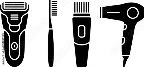 Personal grooming tools including an electric razor, toothbrush, hair trimmer, and hairdryer arranged in a clean row.