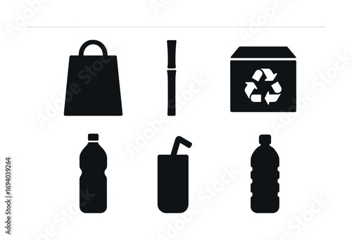Eco-friendly symbols: reusable bag, bamboo straw, recycling, water bottle, juice box, plastic bottle icons