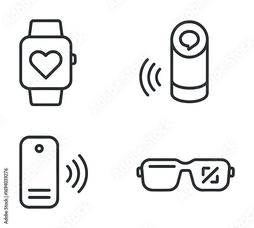 Smart devices icon set featuring watch, voice assistant, smartphone, and augmented reality glasses
