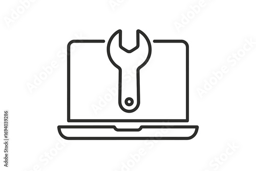 Laptop repair service icon. Computer maintenance, technical support. Notebook diagnostic symbol with wrench. PC settings, configuration, troubleshoot pictogram for web, app.