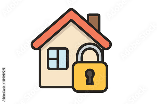 House security icon with lock. Home safety, property protection, real estate insurance concept. Vector cartoon illustration of a locked building for secure mortgage & privacy.