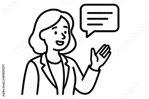 Woman speaking with speech bubble. Business character talking, presenting or explaining. Concept for communication, lecture, public speaking, customer service. Vector icon.