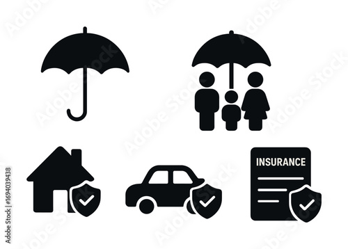 Insurance icon set: umbrella, family, house, car, document symbols illustrating protection