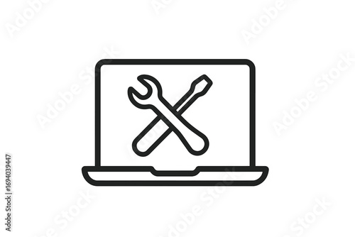 Laptop repair icon, computer service symbol. IT support and maintenance concept. Wrench and screwdriver tool for system setup, configuration, and troubleshooting vector logo.