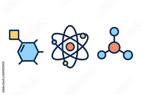 Chemistry and physics icon set. Atom with nucleus and orbiting electrons. Molecule with atomic bonds. Chemical compound formula structure. Science vector graphics elements.