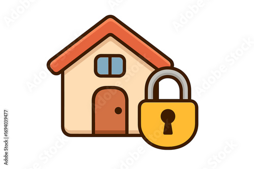 Home security concept with house and padlock. Property protection and safety symbol. Real estate insurance and mortgage icon. Secure private house vector cartoon illustration.