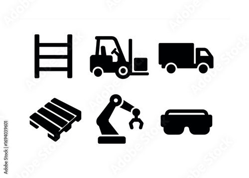 Icons of warehouse tools: forklift, truck, pallet, robotic arm, safety goggles