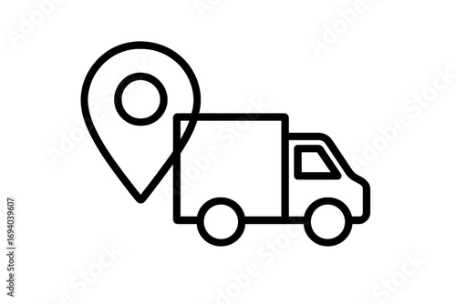 Delivery truck with map pin icon. Logistics and shipping service concept. Order tracking, transportation, and freight symbol for web and apps. Geolocation and GPS route.