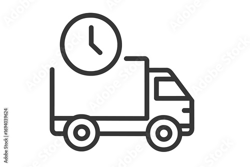 Fast delivery truck icon with clock. On-time shipping service concept. Express logistics and timely transport symbol. Package delivery schedule vector illustration for web.
