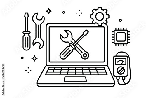 Laptop repair service icon. Computer hardware maintenance. Outline vector illustration. Tech support, diagnostics with tools, wrench, screwdriver, chip. It service concept.