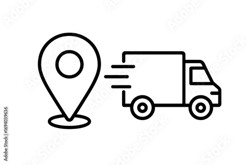 Fast delivery service icon with truck and location pin. Express shipping and logistics concept. Transportation and order tracking symbol for web and apps. Cargo freight van.