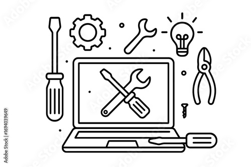 Laptop repair service line icons. Computer maintenance and technical support concept. Tools for fixing electronics, screwdriver, wrench, gear, lightbulb for web, app, design.