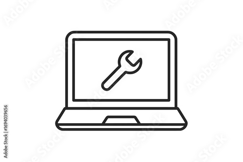 Laptop repair service icon. Computer maintenance, tech support symbol. Notebook with wrench for settings, configuration, troubleshoot. Vector line art for web and apps.