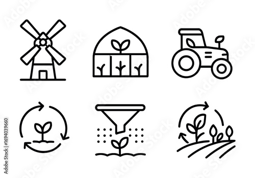 Outline icons of windmill, greenhouse, tractor, plant cycle, irrigation, and growth