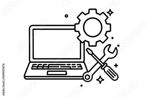 Laptop repair service outline icon. Computer maintenance, technical support. Vector line symbol for IT service, technology setup, system configuration, hardware diagnostics.
