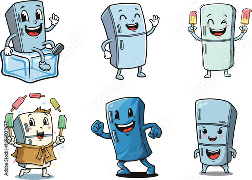 Cartoon refrigerator characters with smiling faces, holding popsicles, playful fridge design for kids, summer, home appliance, vector illustration set