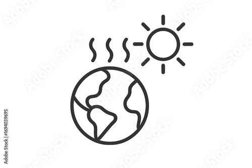 Global warming minimalist line icon. Climate change concept with planet Earth and sun heat. Greenhouse effect metaphor. Environment and ecology care vector symbol for web design.