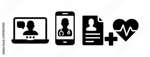 Digital healthcare icons: telehealth, medical consultation, patient records, heartbeat
