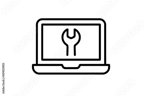 Laptop repair service icon. Computer maintenance and tech support symbol. Notebook diagnostic, settings, and configuration sign. Wrench on screen. Vector line art.