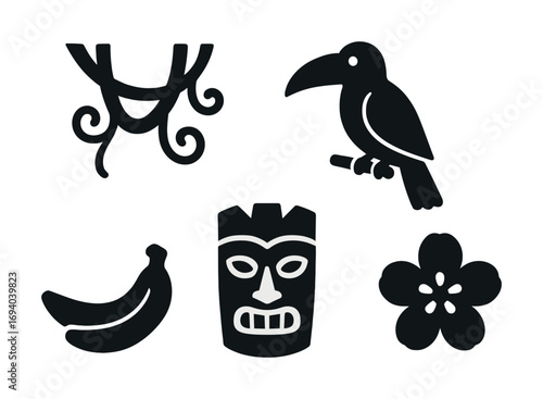 Tropical icons: toucan, tribal mask, banana, flower, jungle vines silhouette