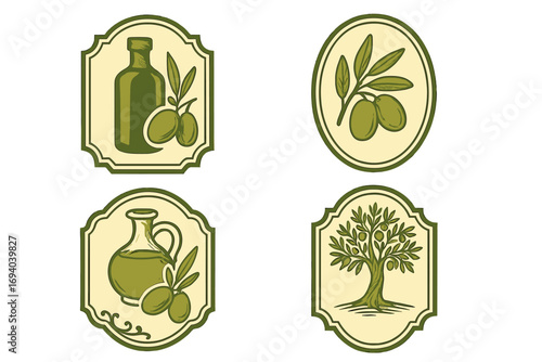 Olive oil label logo template set with olive branch, olive tree, green bottle and jug, vector cartoon illustration, natural food branding design elements, Mediterranean style