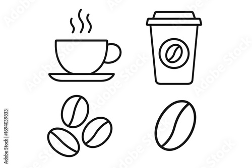 Coffee cup and beans line icon set. Vector collection of outline symbols for cafe menu. Hot drink, steaming mug, to go paper cup, and roasted grain editable stroke signs.