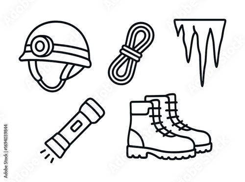 Line art of essential mountaineering gear: helmet, rope, ice, flashlight, boots