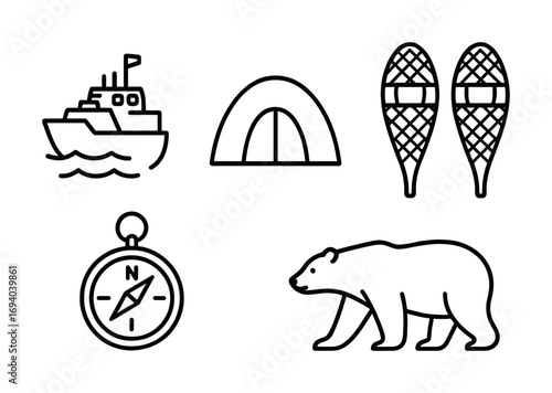 Adventure icons: boat, tent, snowshoes, compass, polar bear