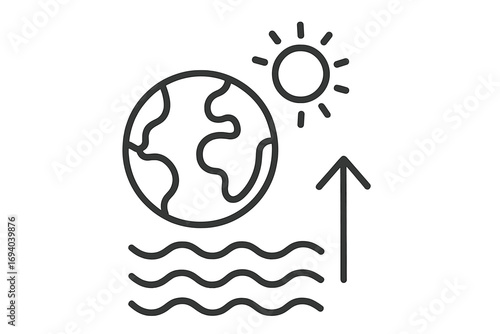 Climate change line icon. Global warming concept. Planet earth, sun, rising sea level. Hot weather, temperature rise. Ecology, environment, nature conservation symbol.
