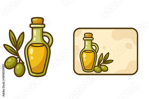 Organic olive oil bottle with fresh green olives and leaves, natural extra virgin olive oil logo and business card design, healthy product, Mediterranean food illustration, transparent background