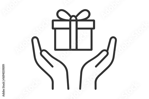 Gift box in open hands outline vector icon. Concepts for giving, receiving, charity, donation, sharing, support. Present sign for birthday, christmas, anniversary, celebration.