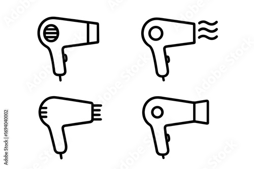 Hair dryer line icon set. Minimal blow dryer pictogram collection for web, graphic design, apps. Vector illustration for hair care, beauty salon, barber, styling tool symbol.