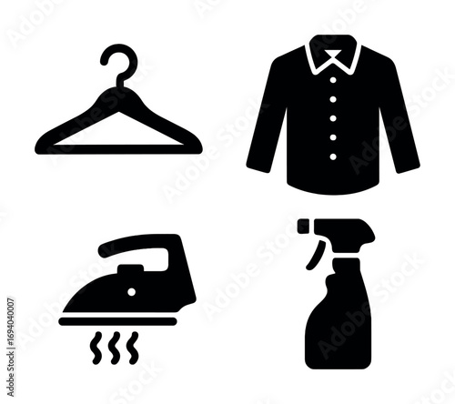 Black icons of iron, shirt, hanger, and spray bottle for laundry and cleaning