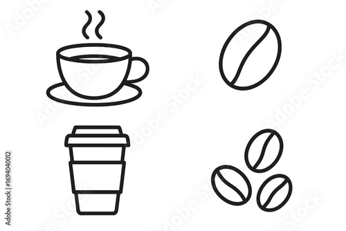 Coffee cup and bean outline icon set. Vector line art illustration for cafe menu, barista, or morning beverage. Includes takeaway cup, espresso, and roasted coffee grains.