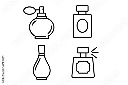 Perfume bottle line icon set. Vector collection of fragrance, scent, and cologne symbols. Outline graphic illustration for beauty, cosmetic, and fashion concepts. Simple minimal flacon spray.