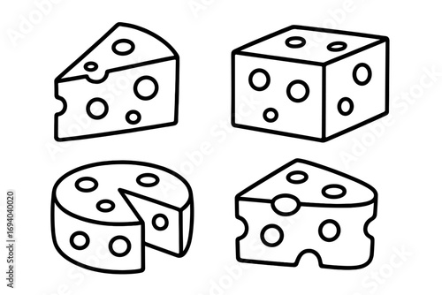 Vector set of cheese icons. Line art illustration of swiss cheese wedge, block, and wheel. Dairy food graphic collection for apps, logos, and web design concepts.