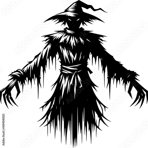 Spooky evil scarecrow silhouette with a tattered hat and sharp claws, a classic horror monster for Halloween design projects