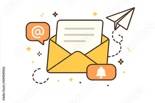 Email subscription and newsletter marketing concept with paper plane, envelope, message notification, and digital communication icons, vector cartoon illustration transparent background
