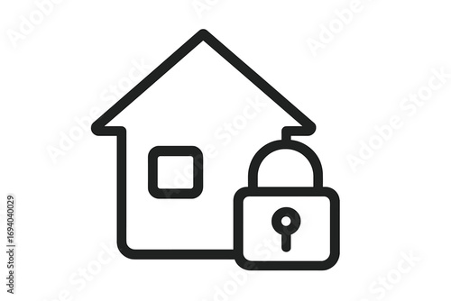 Home security icon, house protection concept. Real estate safety and insurance symbol. Locked property, padlock for secure access control. Smart home alarm system vector logo.