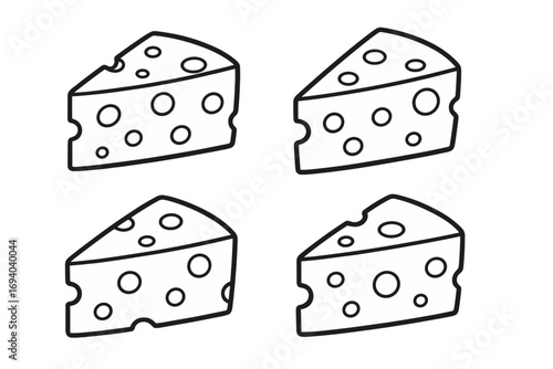 Cheese wedge vector icon set. Simple line art illustration of Swiss cheese slices. Minimalist graphic symbol for food, dairy, gourmet concepts, logos, and apps.