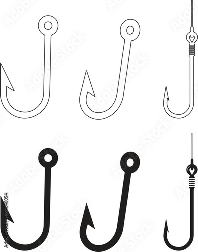 Fishing Hook Vector Set. Angling, Fishing Equipment Icons and Outlines Clipart Vector Illustration
