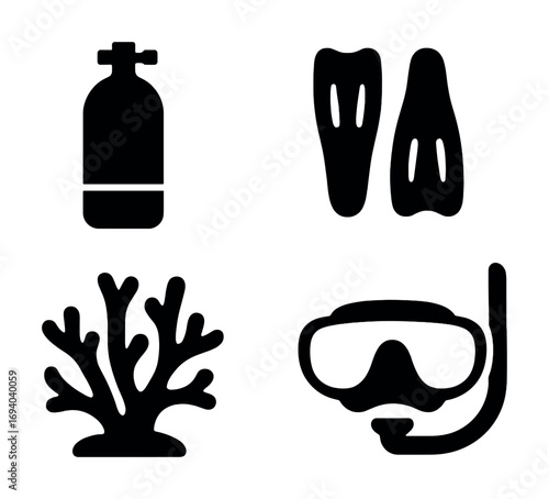 Diving equipment icons: tank, flippers, coral, snorkel mask