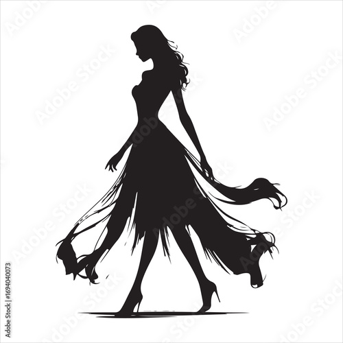 Graceful black silhouette of a woman walking, with a flowing dress on a pure white background 
