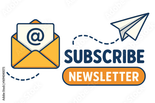 Paper plane and email subscription to newsletter marketing banner, vector cartoon illustration with envelope, email symbol, flying paper plane, transparent background, ordered set